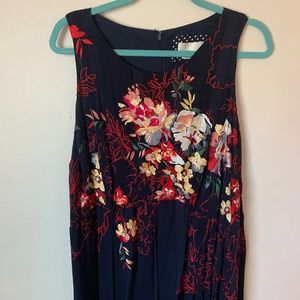 Anthropologie Navy Floral Embroidered Midi Dress